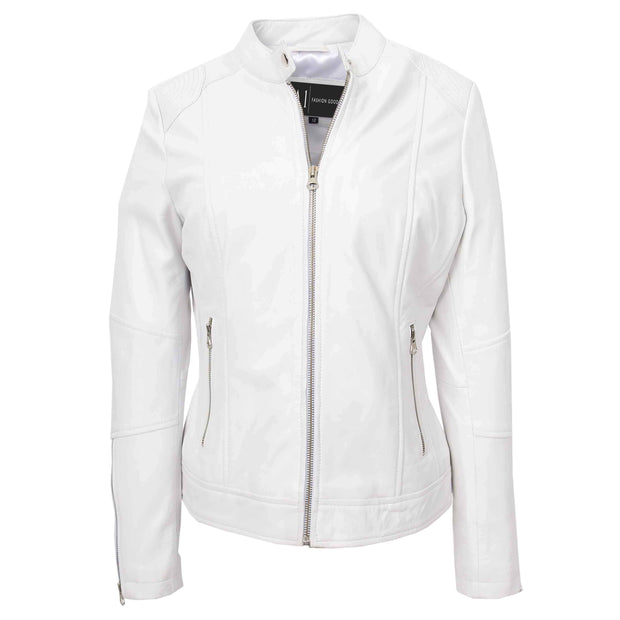 Womens Genuine Leather Biker Jacket Zip Casual Naomi White 3