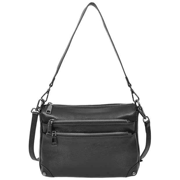 Womens Leather Shoulder Bag Classic Multiple Zip Pockets Handbag A188 Black-1