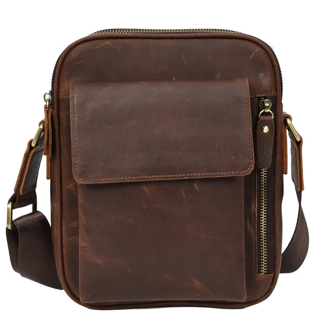 Mens Real Leather Messenger Bag Medium Size Travel Crossbody Multiple Zip Pockets Organiser A1371 Rust Brown