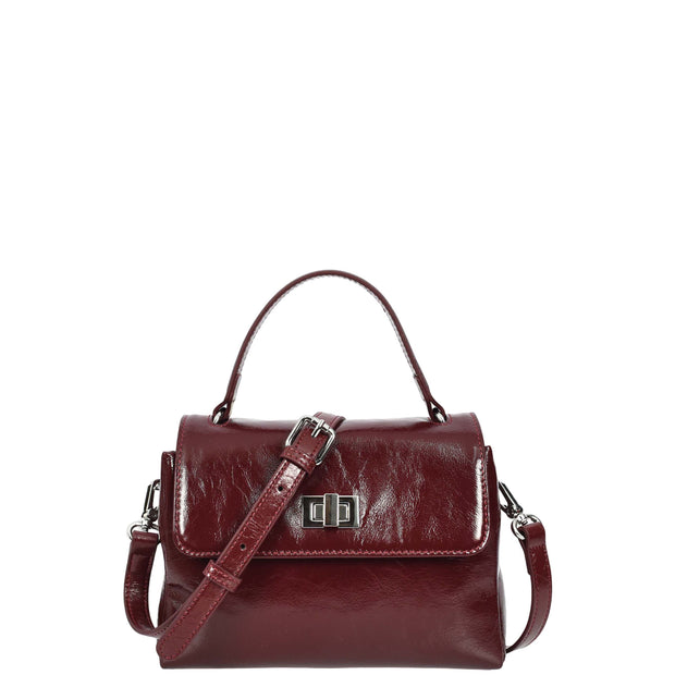 Womens Genuine Leather Small Handbag Glossy Casual Top Handle Crossbody Bag with Turn Lock Oisin Burgundy