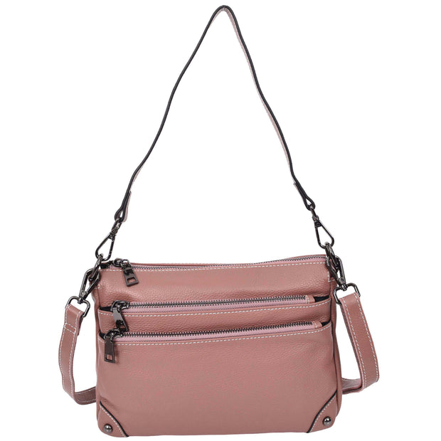 Womens Leather Shoulder Bag Classic Multiple Zip Pockets Handbag A188 Rose-1