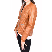 Womens Collarless Cognac Leather Jacket Fitted Quilted Zip Up - Remi