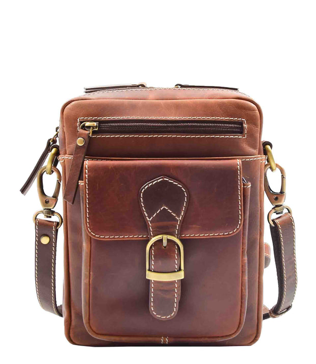 Mens Genuine Brown Leather Messenger Bag Multi Pockets Casual Flight Pouch Artie