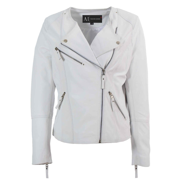 Womens Coat Genuine Leather Biker Jacket Cross Zip Cora White 3