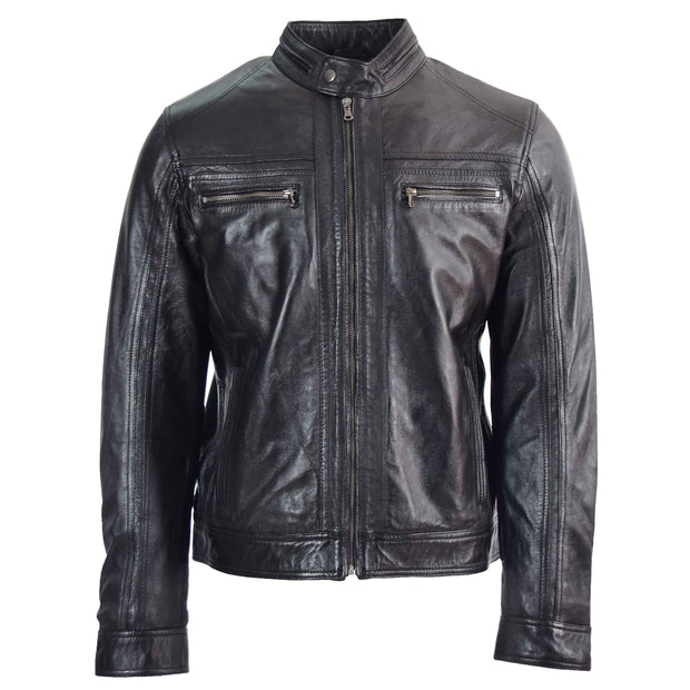Mens Leather Biker Jacket Vintage Band Collar Fitted CALVIN Black 3