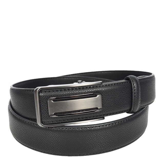 Men's Real Leather Automatic Ratchet Belt with Sliding Buckle Casual Style A02 Black