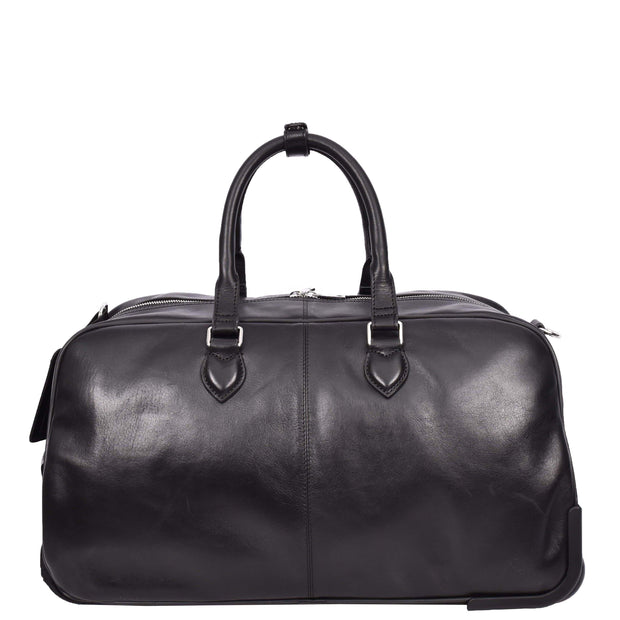 Premium Leather Wheeled Holdall Cabin Size Weekend Travel Duffle Bag AL50 Black