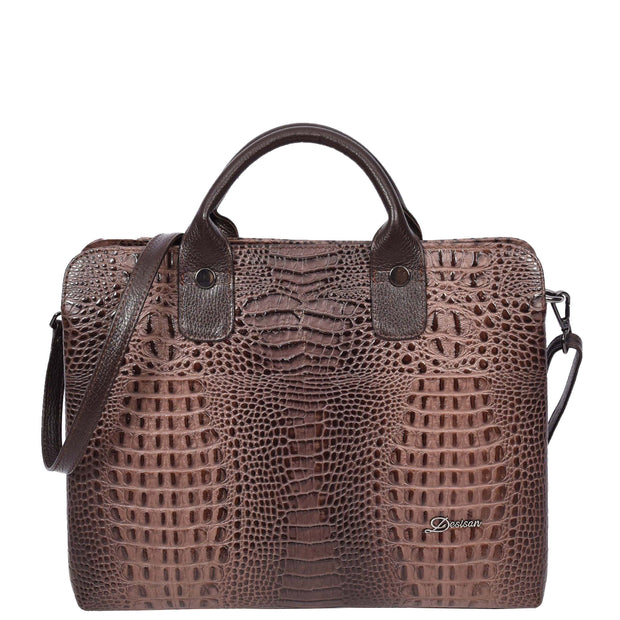 Women's Real Leather Croc-Print Shoulder Bag A4 Size Work Fashion Handbag A293 Brown-4