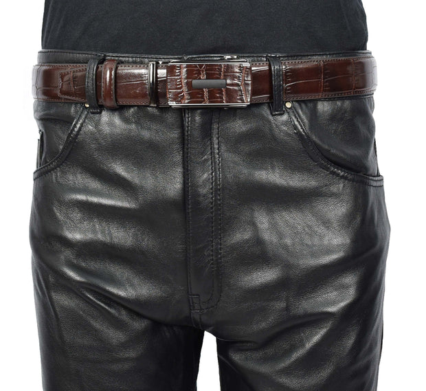 Mens Premium Leather Croc-Pattern Adjustable Ratchet Buckle Belt Daily Wear A03 Brown