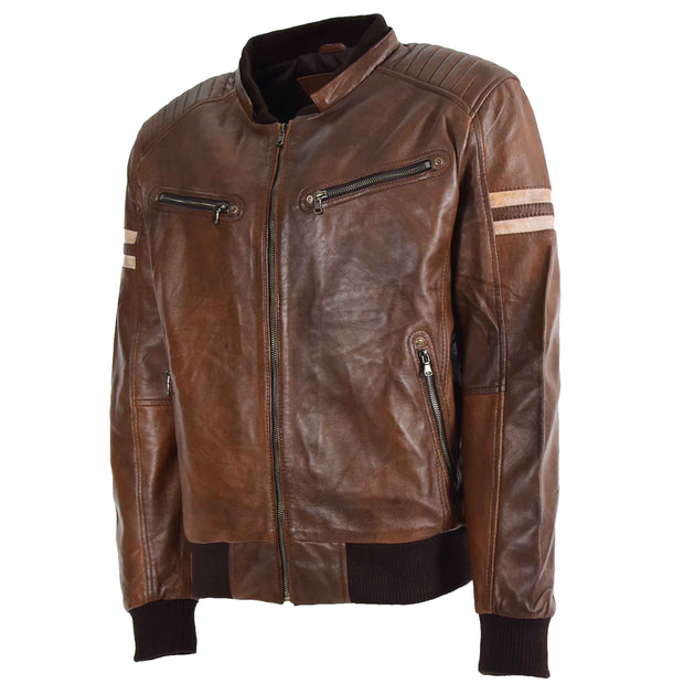 Mens Jacket Real Leather Bomber Zip Detachable Hoodie BRUNO Cognac 4