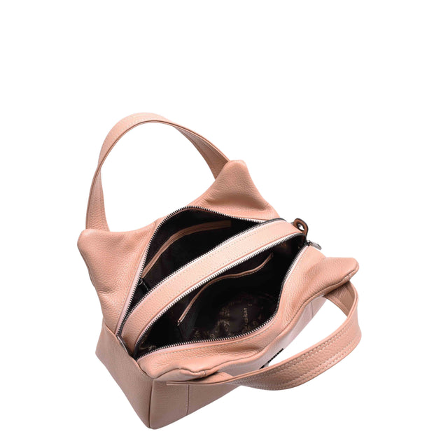 Womens Leather Handbag Twin Zip Top Casual Fashion Tote Grab Bag A850 Rose