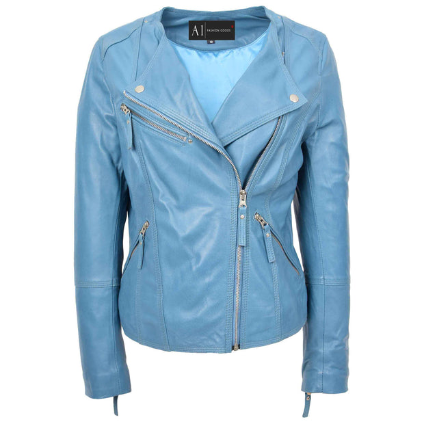 Womens Coat Genuine Leather Biker Jacket Cross Zip Cora Teal 4