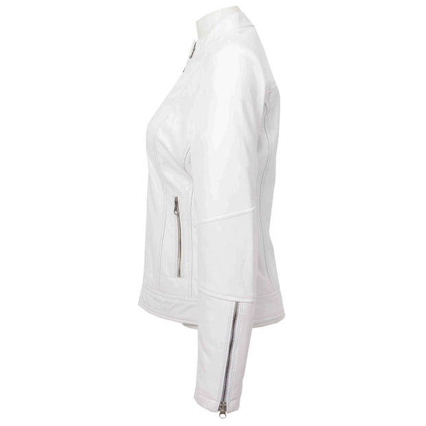 Womens Genuine Leather Biker Jacket Zip Casual Naomi White 4