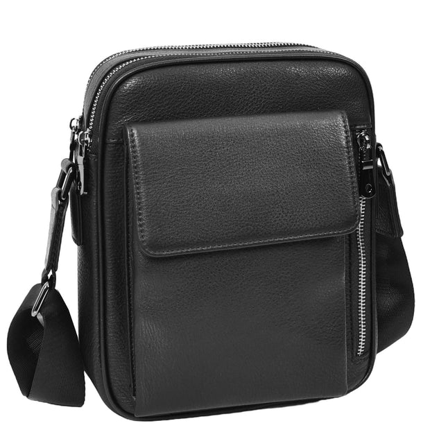 Mens Real Leather Messenger Bag Medium Size Travel Crossbody Multiple Zip Pockets Organiser A1371 Black