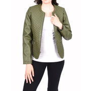 Womens Collarless Olive Green Leather Jacket Fitted Quilted Zip Up - Remi