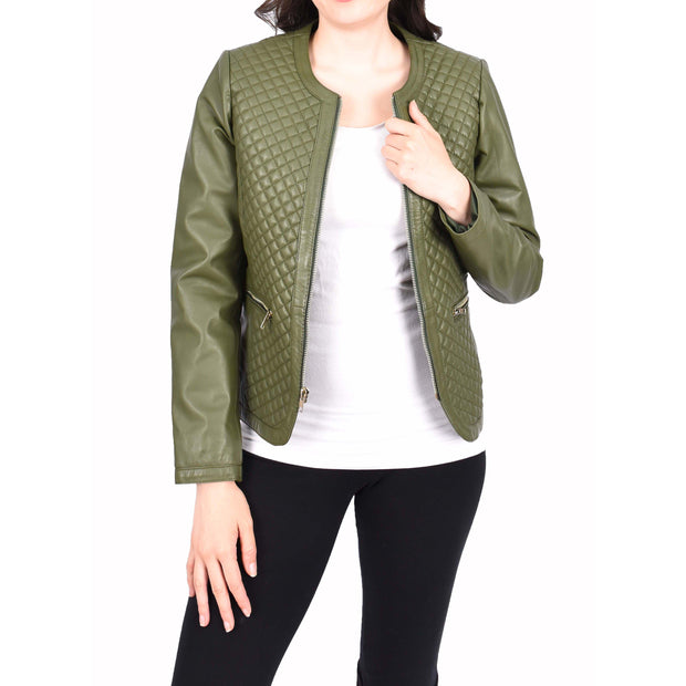 Womens Collarless Olive Green Leather Jacket Fitted Quilted Zip Up - Remi