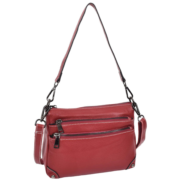 Womens Leather Shoulder Bag Classic Multiple Zip Pockets Handbag A188 Red-9