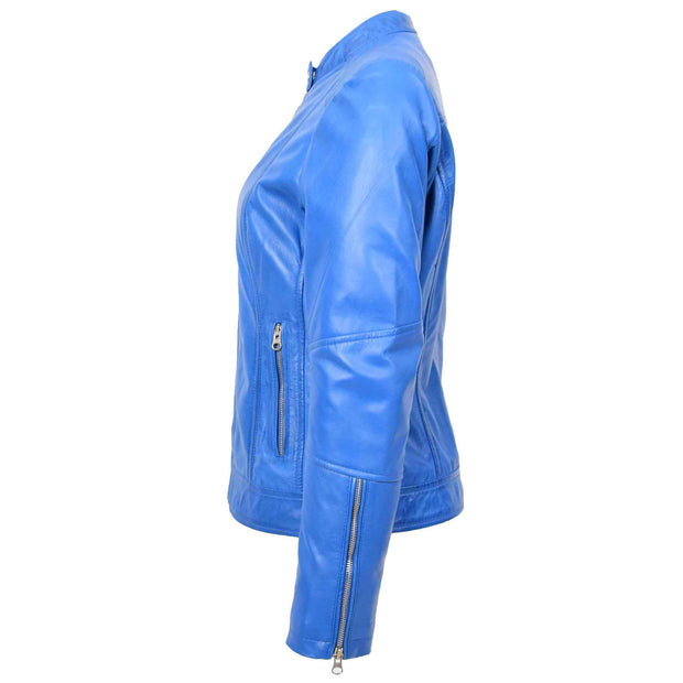 Womens Genuine Leather Biker Jacket Zip Casual Naomi Blue 4