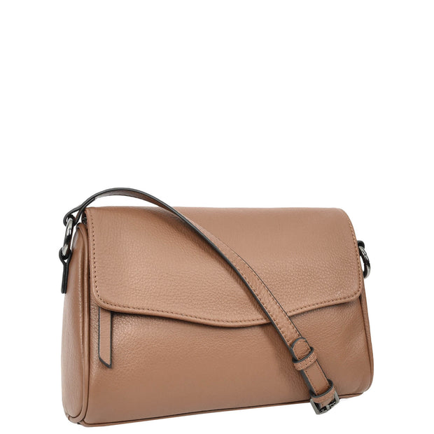 Women's Classic Leather Shoulder Bag Flap-over Design with Organiser Crossbody Messenger Edith Brown