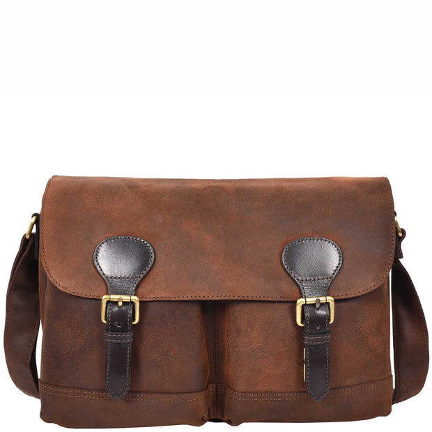 Mens Distressed Leather Satchel Twin Buckle Vintage Brown Messenger Laptop Bag A561-1