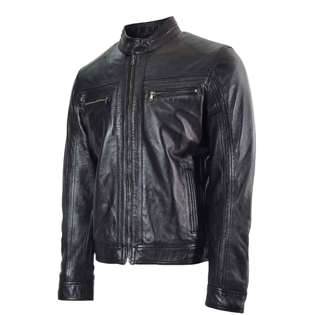 Mens Leather Biker Jacket Vintage Band Collar Fitted CALVIN Black 4