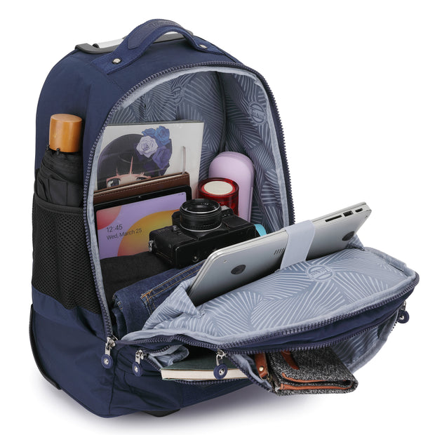 Rolling Backpack with Wheels, Laptop Travel Rucksack Multiple Compartments for Hiking, Camping, Business Casual Travel Cabin Size Bag Flack Brown