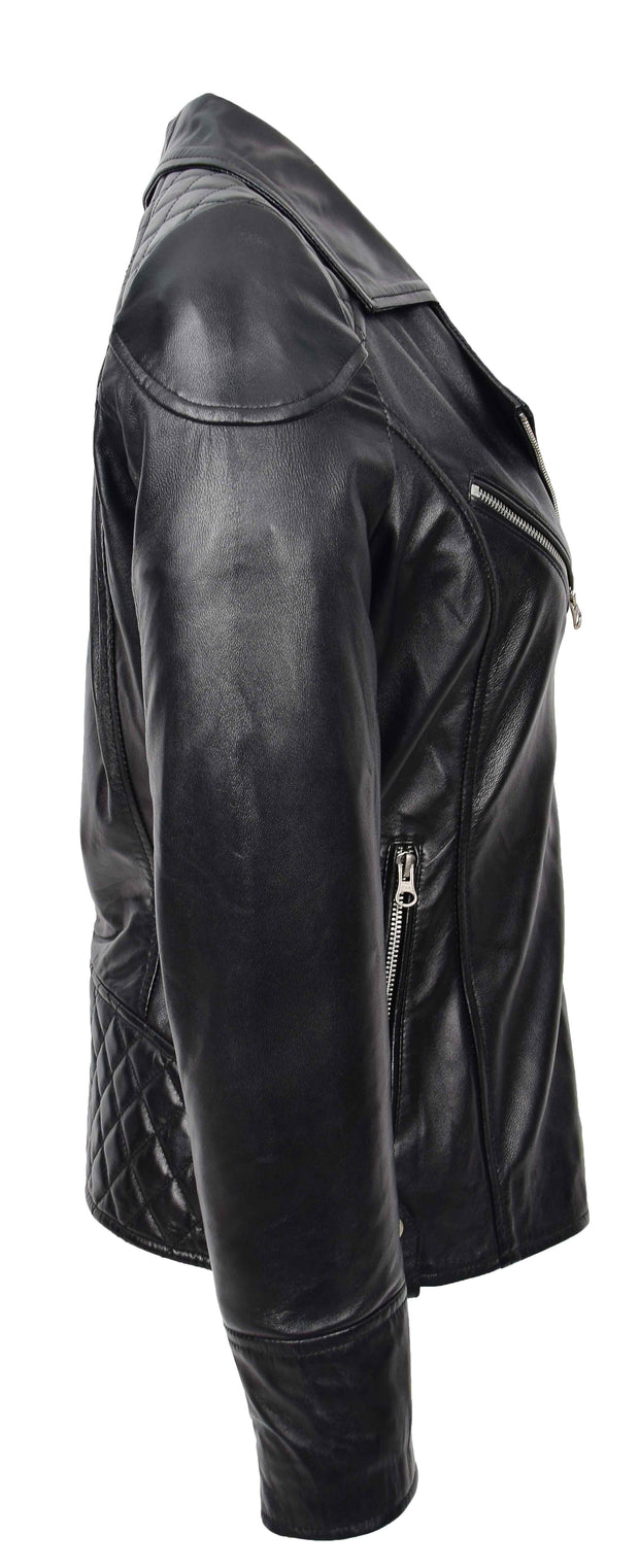 Womens Leather Biker Jacket Cross Zip Style Tina Black 4