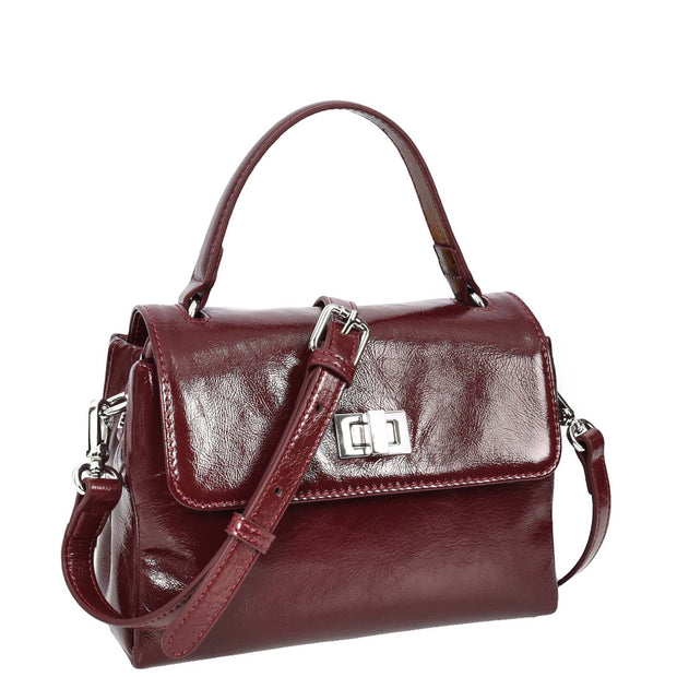Womens Genuine Leather Small Handbag Glossy Casual Top Handle Crossbody Bag with Turn Lock Oisin Burgundy