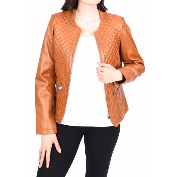 Womens Collarless Cognac Leather Jacket Fitted Quilted Zip Up - Remi