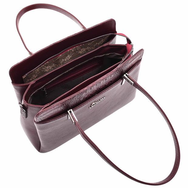 Genuine Leather Shoulder Bag Womens Multi Pockets Croc Trim Fashion Handbag A597 Bordo
