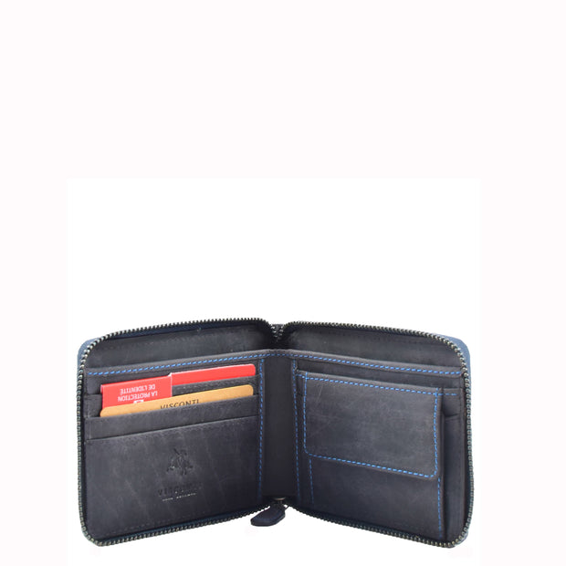 Mens Wallet Genuine Hunter Leather Zip Around Gift Boxed RFID Safe Aramac Blue