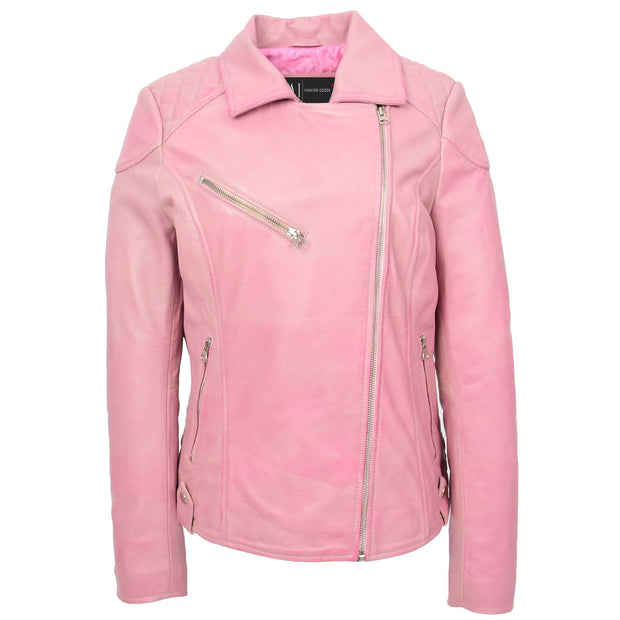 Womens Leather Biker Jacket Cross Zip Style Tina Pink 4