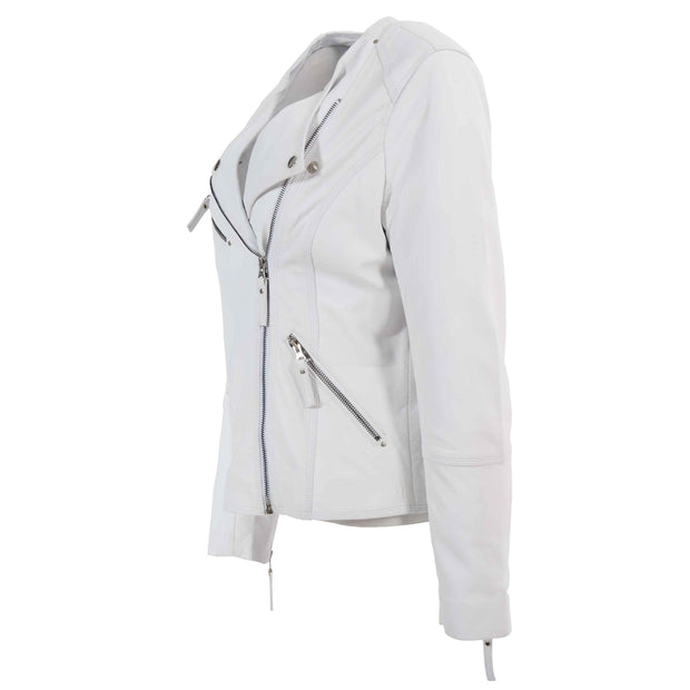 Womens Coat Genuine Leather Biker Jacket Cross Zip Cora White 4