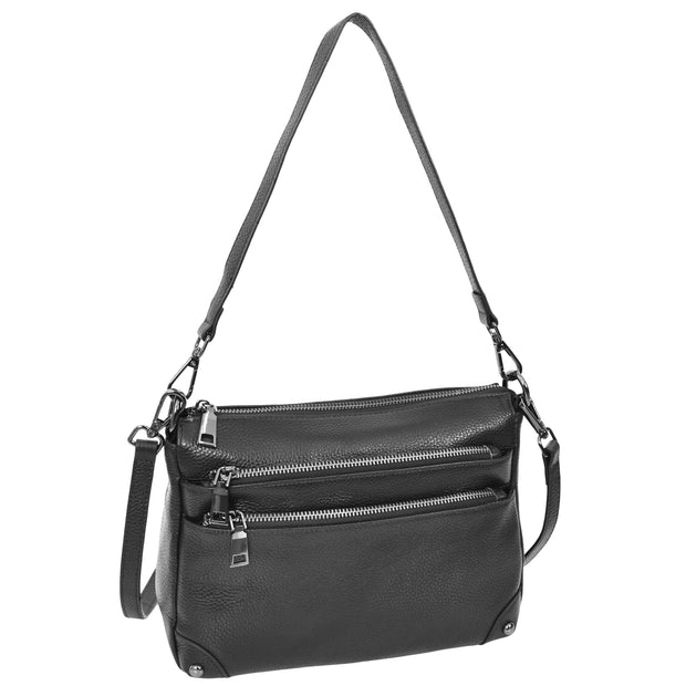 Womens Leather Shoulder Bag Classic Multiple Zip Pockets Handbag A188 Black-10