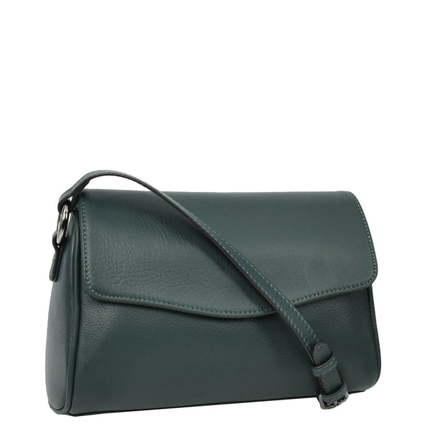 Women's Classic Leather Shoulder Bag Flap-over Design with Organiser Crossbody Messenger Edith Green
