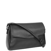 Women's Classic Leather Shoulder Bag Flap-over Design with Organiser Crossbody Messenger Edith Black