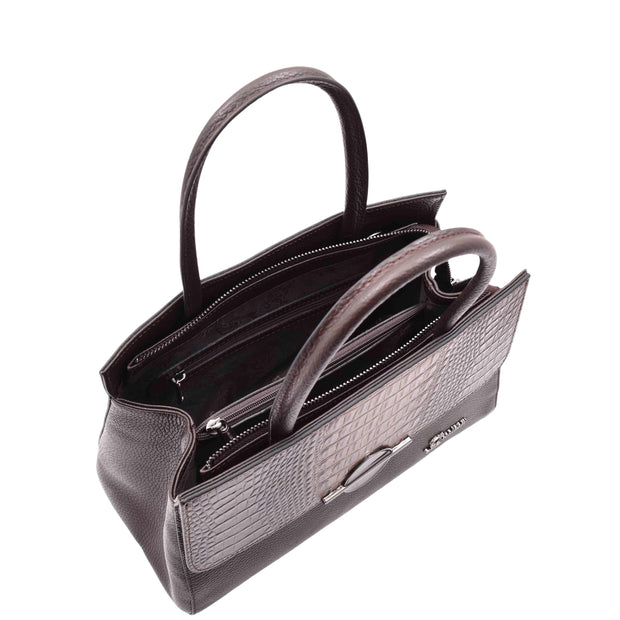 Womens Exclusive Leather Handbag Medium Casual Outgoing Tote Croc Trim Bag A4031 Brown