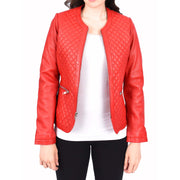 Womens Collarless Red Leather Jacket Fitted Quilted Zip Up - Remi