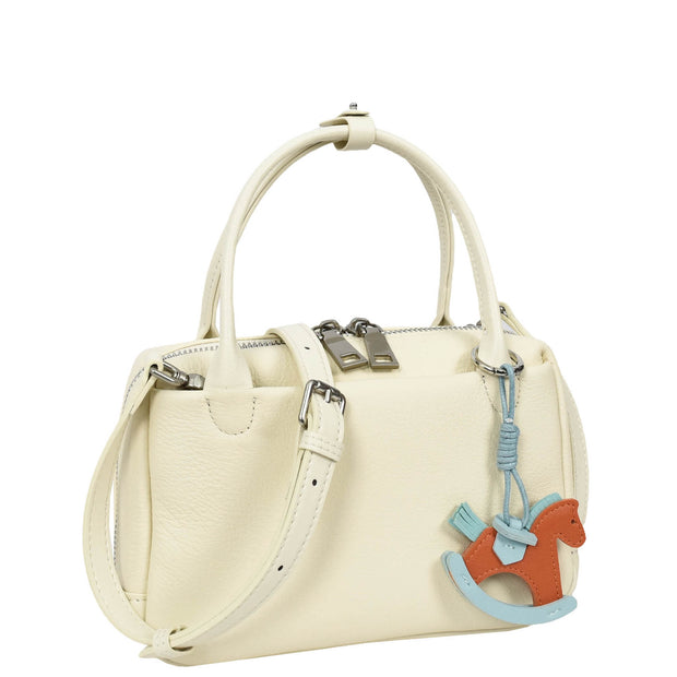 Womens Leather Mini Handbag with Rocking Horse Charm Girls Casual Fashion Tote Lori White