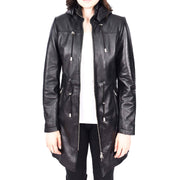 Womens Real Leather Jacket Black Trench 3/4 Long Duffle Detachable Hood Coat Luna