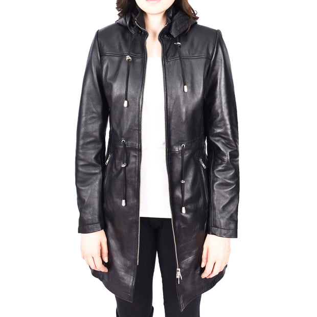 Womens Real Leather Jacket Black Trench 3/4 Long Duffle Detachable Hood Coat Luna