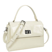 Womens Genuine Leather Small Handbag Glossy Casual Top Handle Crossbody Bag with Turn Lock Oisin White