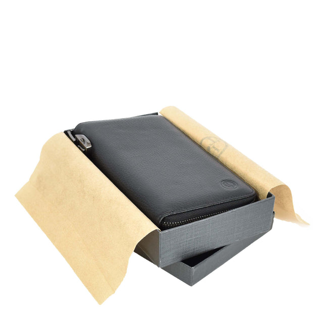 Real Leather Clutch Dual Zipper Large Size Lockable Purse Organiser Travel Wallet A213 Black