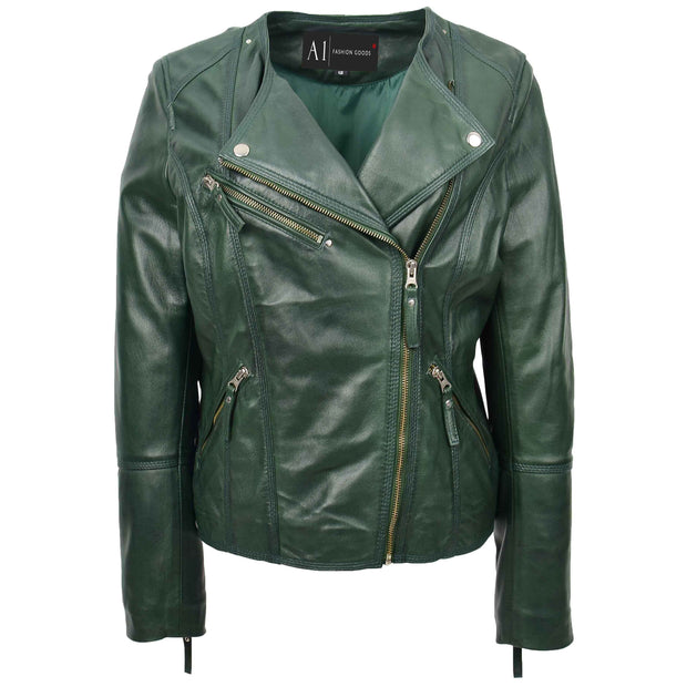 Womens Coat Genuine Leather Biker Jacket Cross Zip Cora Green 5