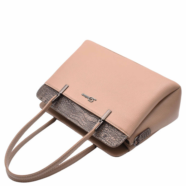 Genuine Leather Shoulder Bag Womens Multi Pockets Croc Trim Fashion Handbag A597 Taupe