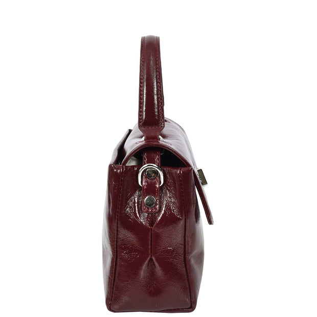 Womens Genuine Leather Small Handbag Glossy Casual Top Handle Crossbody Bag with Turn Lock Oisin Burgundy