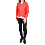 Womens Collarless Red Leather Jacket Fitted Quilted Zip Up - Remi