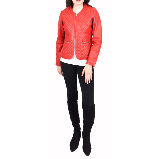 Womens Collarless Red Leather Jacket Fitted Quilted Zip Up - Remi
