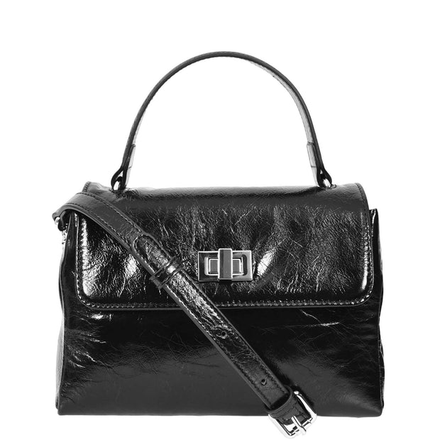 Womens Genuine Leather Small Handbag Glossy Casual Top Handle Crossbody Bag with Turn Lock Oisin Black