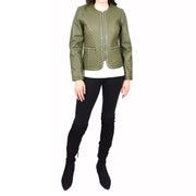 Womens Collarless Olive Green Leather Jacket Fitted Quilted Zip Up - Remi
